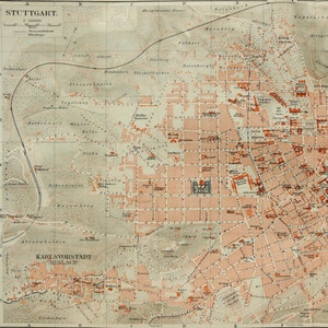1897 Antique city map of STUTTGART, GERMANY. 127 years old town map.