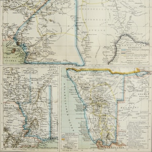Puede incluir: Un mapa antiguo detallado que muestra características geográficas, líneas costeras, ríos y fronteras políticas. El mapa incorpora texto en varios idiomas e incluye recuadros de diferentes regiones. La combinación de colores es tenue, con tonos beige, marrón y azul.