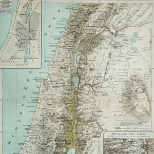 1896 年パレスチナのアンティーク地図。イスラエル。聖地。エルサレム。128 年前の地図。アンティーク プリント。