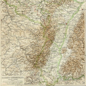 1897 Antique map of the Imperial Territory of ALSACE-LORRAINE. German Empire. Strasbourg. 127 years old chart.