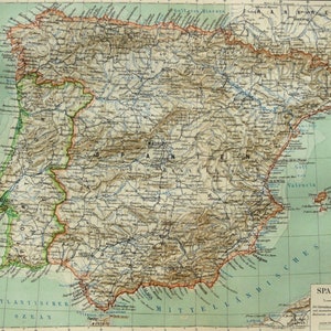 Può includere: Una mappa d'epoca dettagliata della penisola iberica, che mostra Spagna e Portogallo. La mappa presenta una tavolozza di colori tenui di marroni, verdi e blu, con nomi di luoghi e caratteristiche geografiche. La mappa è in tedesco.