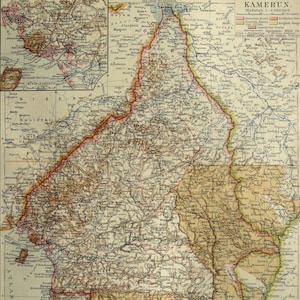 1897 年、カメルーンのドイツ植民地の古地図。カメルーン。アフリカのドイツ植民地。ドイツ帝国。アフリカの植民地。127 年前の地図。