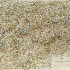 Antica mappa del 1897 della REGIONE DEL TIROLO. Il Tirolo. Le Alpi. Impero austro-ungarico. Italia. Carta di 127 anni fa.