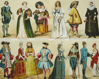 1897 Lithographie ancienne représentant la MODE du 17e au 18e siècle. Costumes anciens. Vêtements anciens. Vêtements anciens. Impression vieille de 129 ans.