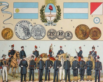 1900 Antique lithograph of ARGENTINA, Flags, Army and Navy Uniforms, Soldiers and Coins in late 19th early 20th Century. 124 years old print