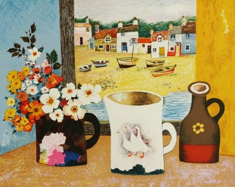 BRENDA KING: &quot;La Table aux Objets&quot;. Original color lithograph. Signed in pencil by the artist. Hand numbered limited edition. Naive Art.
