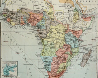 1889 植民地時代のアフリカのアンティーク地図。地理。135 年前の図表
