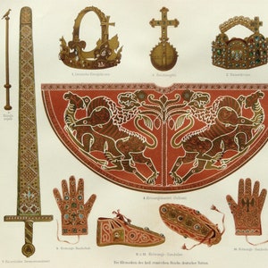 1897 Antique lithograph of IMPERIAL REGALIA of GERMANY. German Empire. Militaria. Heraldry. Nürnberger Kleinodien. 127 years old print.