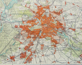 1897 Antique city map of BERLIN and surroundings, GERMANY. 126 years old town map.