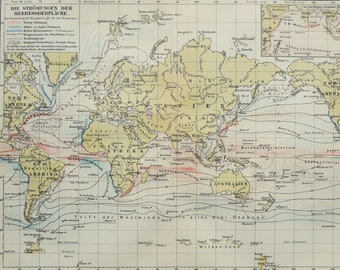 1897 Antique world map of OCEAN CURRENTS. NAVIGATION. Climate. Metereology. World's ocean currents. 127 years old chart