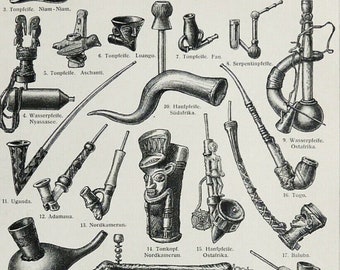 1897 Antique print of TOBACCO CULTURE: PIPES. 127 years old engraving