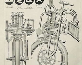 1905 Antique print of ANCIENT MOTORCYCLES, different types. Trycycle. Motorbike. Bikes. Automobile. Steampunk Era. 119 years old engraving