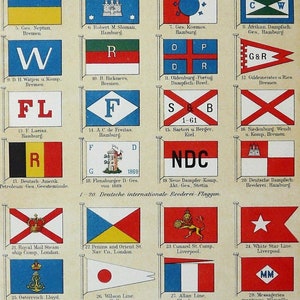 Op de afbeelding: Een vintage prent met diverse maritieme vlaggen, elk met unieke ontwerpen en bedrijfsnamen. De vlaggen zijn rechthoekig, met diverse kleuren, symbolen en tekst, die verschillende rederijen en bedrijven vertegenwoordigen.