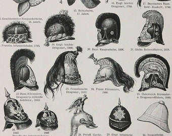 1897 Antique print of HELMETS, different types. Ancient Helmets. Militaria. Soldiers. Uniforms. 127 years old engraving