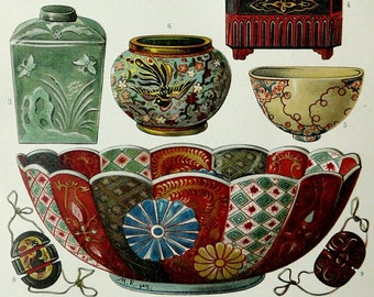 1897 Antique lithograph of JAPANESE CULTURE. Japanese Art. Japan. Vases. Ceramic. Pottery. 129 years old print.
