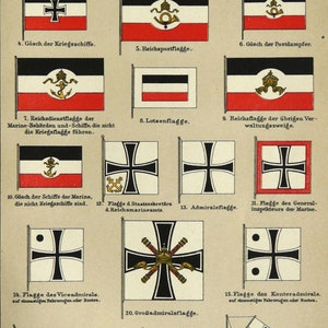 1895 Antique lithograph of GERMAN HISTORIC FLAGS. Flags of German Empire. Germany. Militaria. Heraldry. 129 years old print.