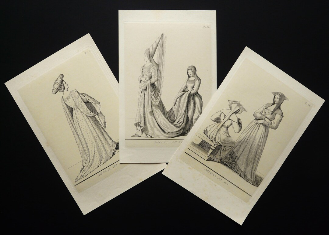 1850 Set of 3 Antique Engravings of MIDDLE AGES WOMEN. Gothic ...