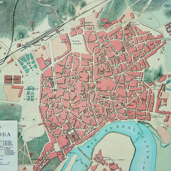 1900 Plan de la ville de CORDOBA, ANDALOUSIE, ESPAGNE. Carte des 124 ans