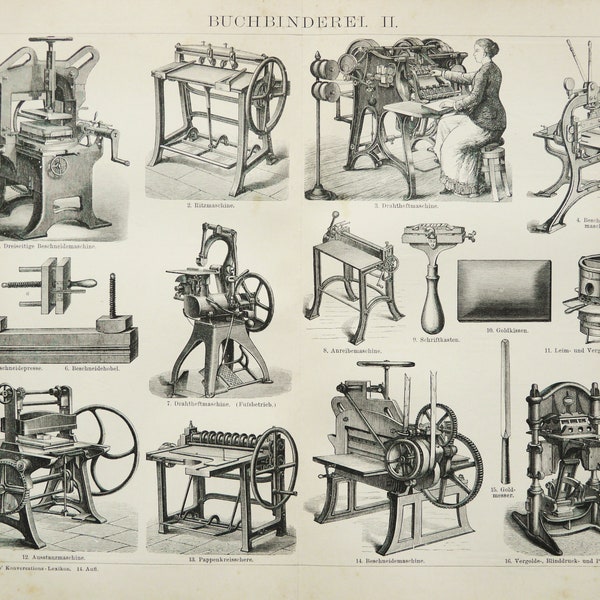 1895 Antique print of PRINTING, appareils and tools. PRINTING PRESSES, different types. Book printing. 129 years old engraving