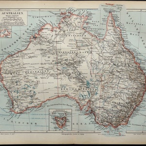 1897 Antique map of AUSTRALIA, SIDNEY, MELBOURNE. 127 years old chart. Antique Print.