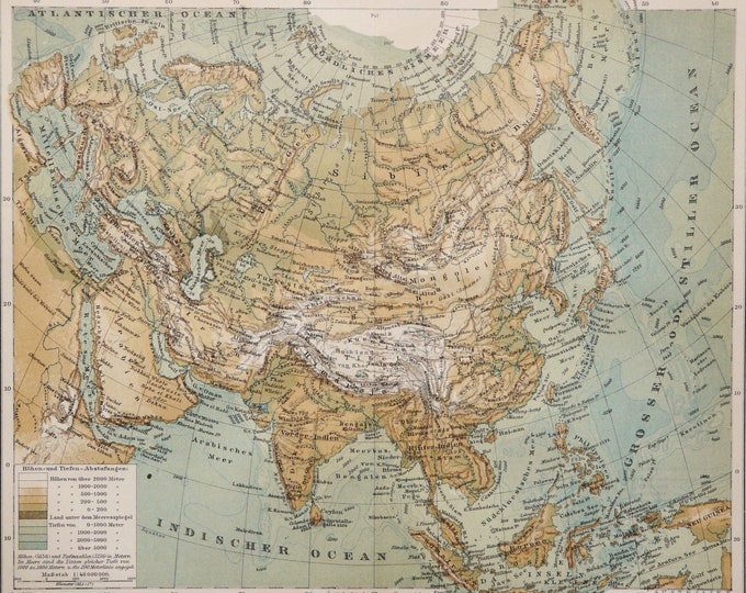 1895 Antique Physical Map of ASIA, Rivers and Mountains. Geology ...