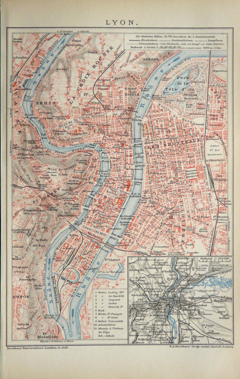 1895 Antique City Map of LYON, FRANCE. 130 Years Old Town Map. - Etsy