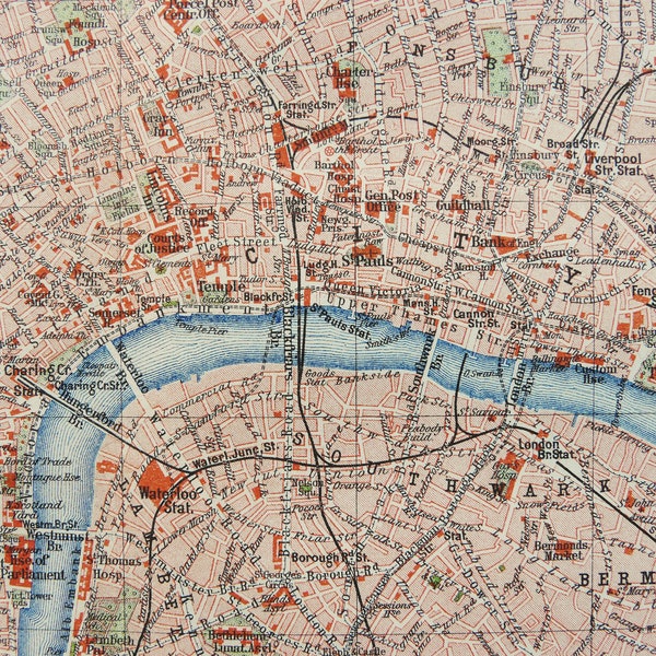 1897 Antique city map of LONDON, ENGLAND. 127 years old town map.