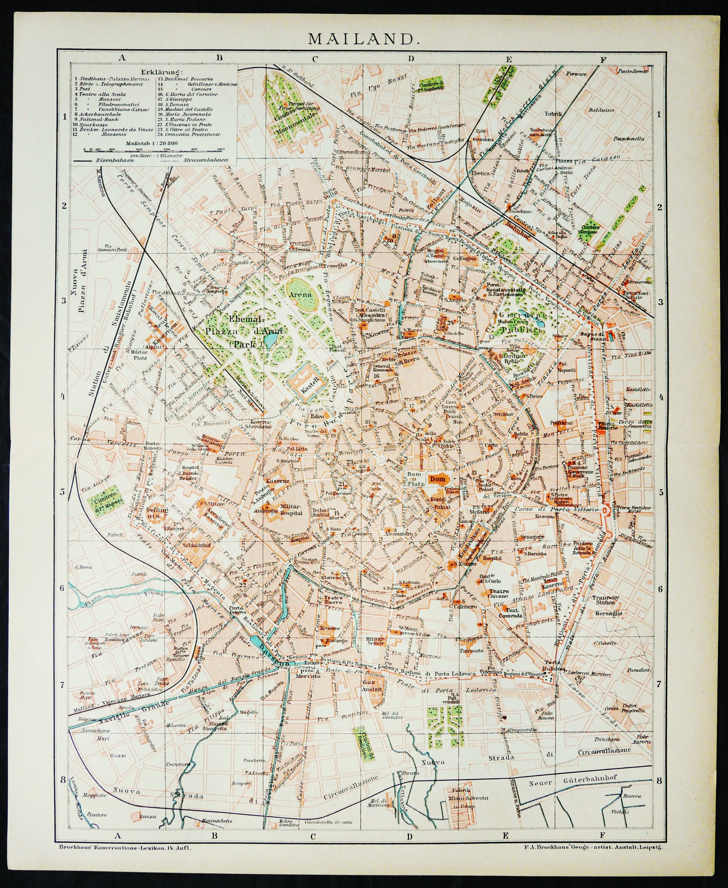 1895 イタリア、ミラノのアンティーク市街地図。ミラノ