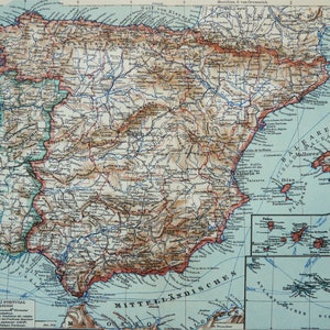 1895 Antieke kaart van SPANJE. Madrid. Barcelona. 129 jaar oude kaart.