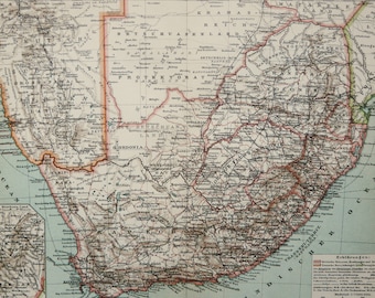 1895 Antique map of SOUTHERN AFRICA, South Africa, Bostwana, Namibia, Lesotho, Swaziland. 129 years old chart.