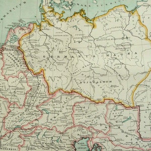 1895 年 ゲルマニア、ガリアのアンティーク地図。ローマ帝国。古代ローマ。マグナ ゲルマニア。129 年前の地図。アンティーク プリント。