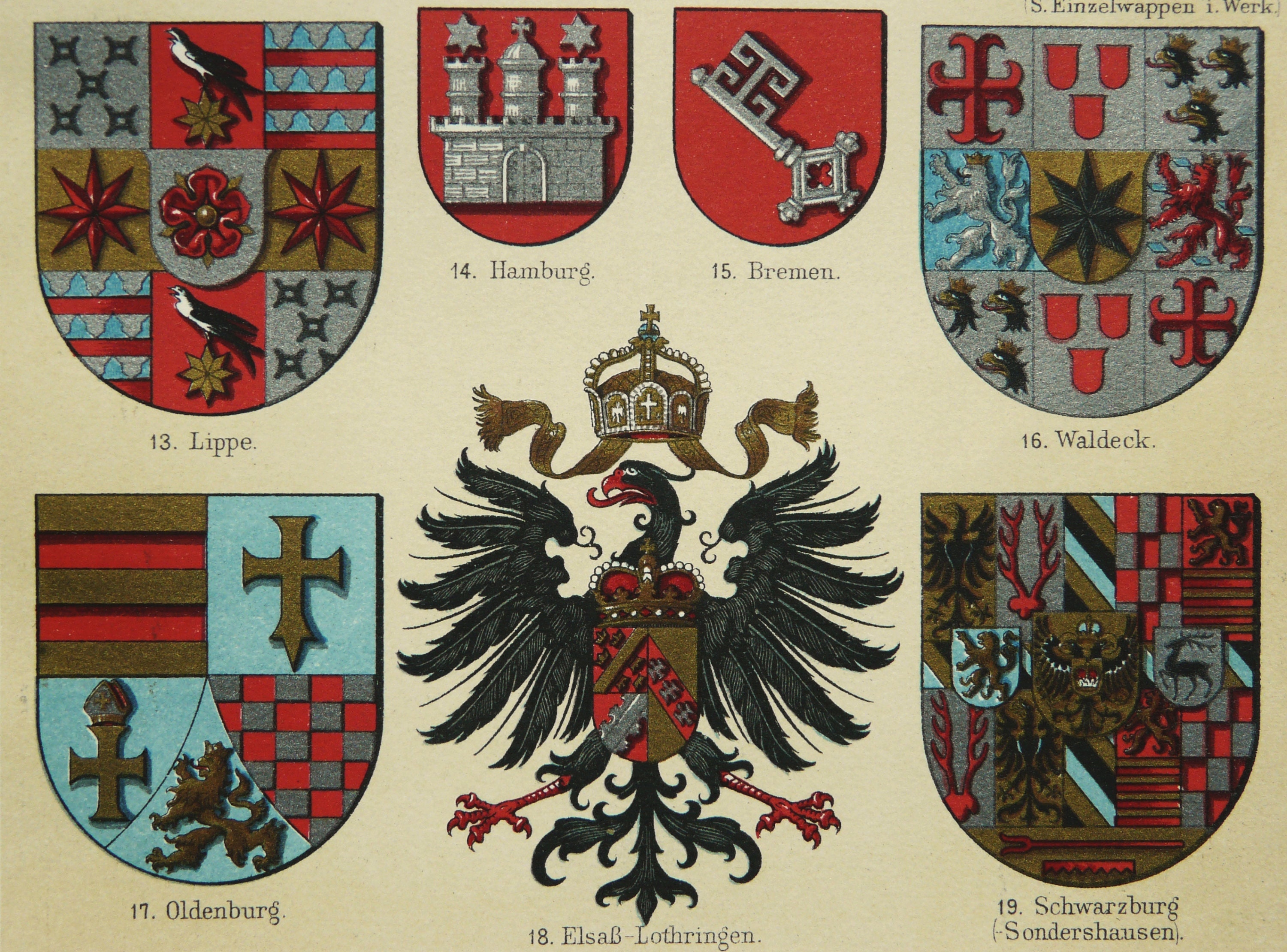 1897 Antique lithograph of GERMAN EMPIRE ESCUTCHEONS. Heraldic Shields. Militaria. Germany. Heraldry. Prussia. 127 years old print.
