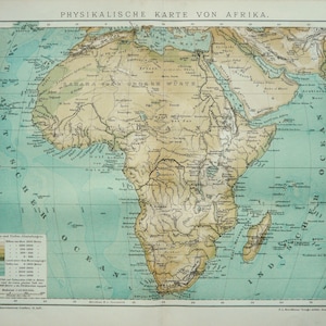 1895 アフリカの古代の地形図、川と山。地質。地理。129 年前の図表。アンティーク プリント