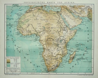 1895 Antique physical map of AFRICA, Rivers and Mountains. Geology. Geography. 129 years old chart. Antique Print