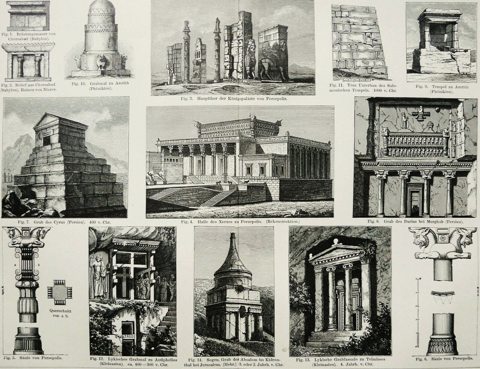 1897 Antique Print of ANCIENT ARCHITECTURE From Assyria, Babylon
