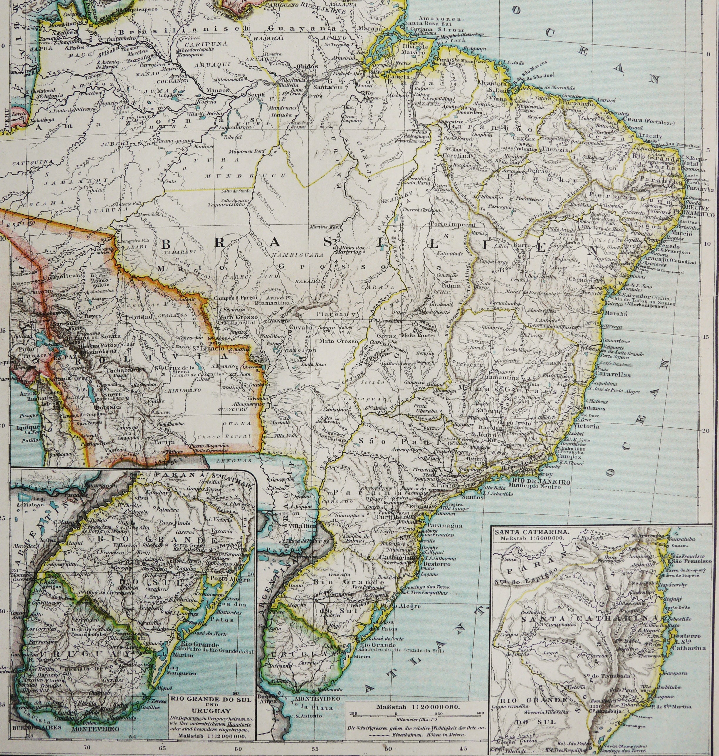 1895 Antique map of BRAZIL. Brasil. Rio de Janeiro. Amazonia. 129 years old chart.