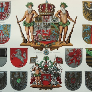 1897 Antique lithograph of PRUSSIAN ESCUTCHEONS. PRUSSIA. German Empire. Heraldry. Germany. Militaria. 127 years old print.