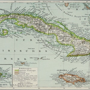 1895 Antique map of GREATER ANTILLES ISLANDS. The Caribbean Sea. Puerto Rico. Jamaica. 129 years old chart.
