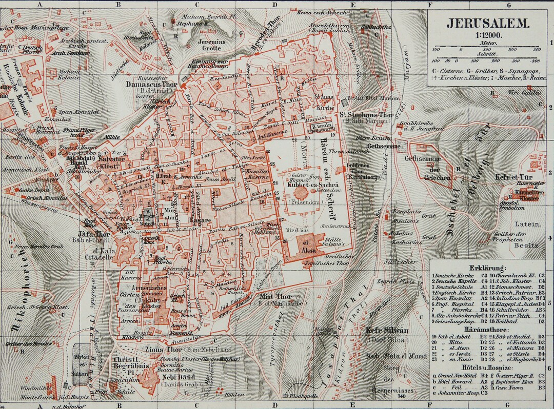 1897 Antique City Map of JERUSALEM. ISRAEL. PALESTINE. Holly Land. 129 ...