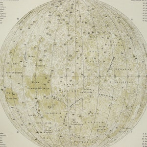 1897 Antique celestial chart of THE MOON. Moon Craters. Lunar Craters. Astronomy print. 128 years old print.