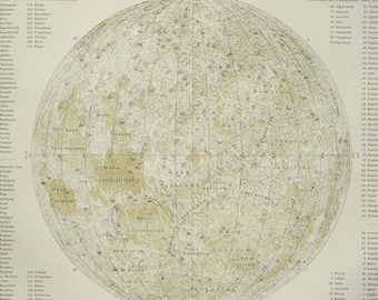 1897 Antique celestial chart of THE MOON. Moon Craters. Lunar Craters. Astronomy print. 127 years old print.