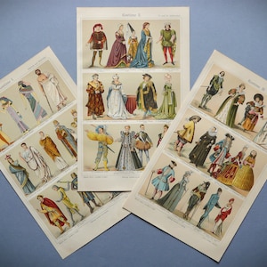 1897 Set of 3 Antique Lithographs of FASHION HISTORY. Ancient Clothes. Women and Men Clothing. Antique Clothes. 127 years old prints.