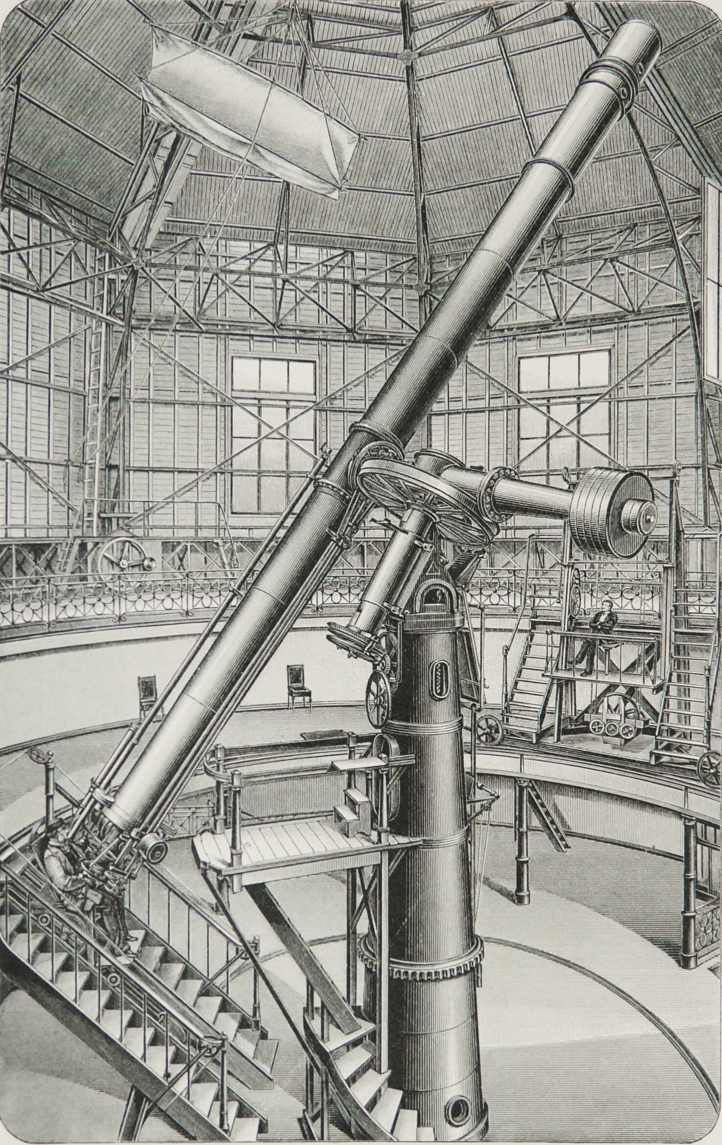 1897 Antique print of an ASTRONOMICAL TELESCOPE. Astronomy. Optics. Optical Apparates. Steampunk Era. 127 years old engraving.