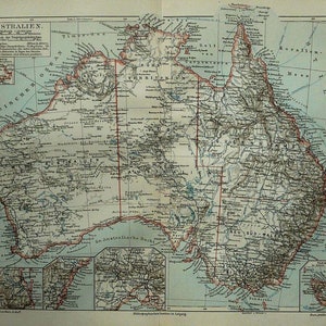 1897 Antique map of AUSTRALIA, SIDNEY, MELBOURNE. 127 years old chart. Antique Print.
