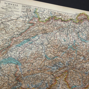 1897年 スイスのアンティーク地図。アルプス。127年前の地図