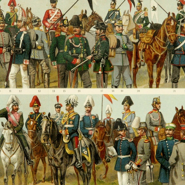 1897 Antique lithograph of GERMAN EMPIRE UNIFORMS. Militaria. Germany soldiers. 127 years old print.
