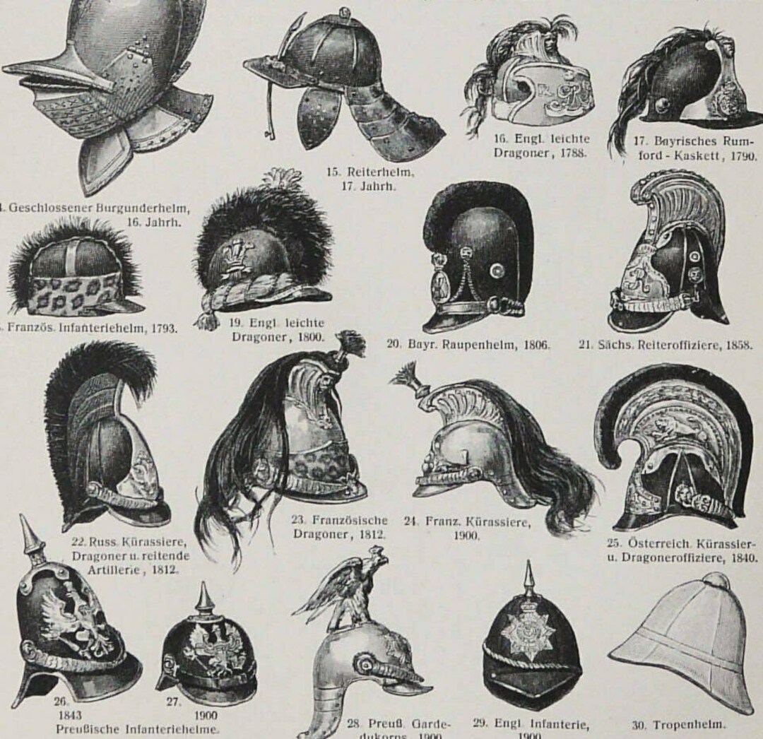 1897 Antique Print of HELMETS, Different Types. Ancient Helmets