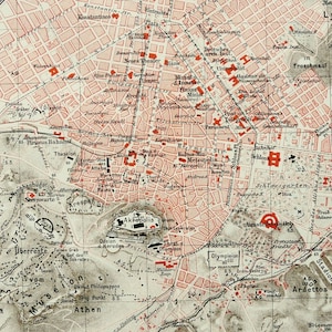 1897 Antiker Stadtplan von ATHEN, GRIECHENLAND. 127 Jahre alter Stadtplan.