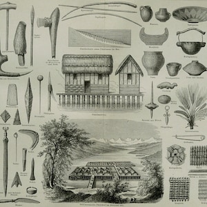 Könnte beinhalten: Eine schwarz-weiße historische Illustration, die verschiedene prähistorische Werkzeuge, Töpferwaren und Artefakte neben detaillierten Zeichnungen von Pfahlbauten und einer rekonstruierten Seeufersiedlung zeigt, mit deutschen Beschriftungen.