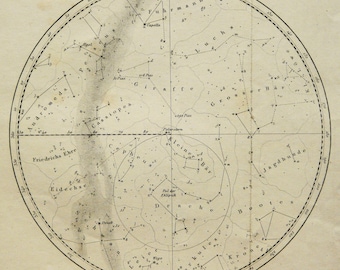 1861 Antique celestial chart of CONSTELLATIONS. STARS. Milky Way. Astronomy print. Sciences. 163 years old print